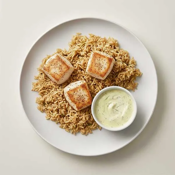Alexandrian Sumac-Crusted Fish with Fragrant Coriander Rice & Lemon-Dill Cream